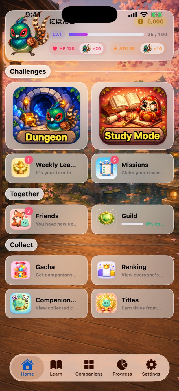 The Nihongo Quest home screen, with your companion, level and the dungeon and study menus.