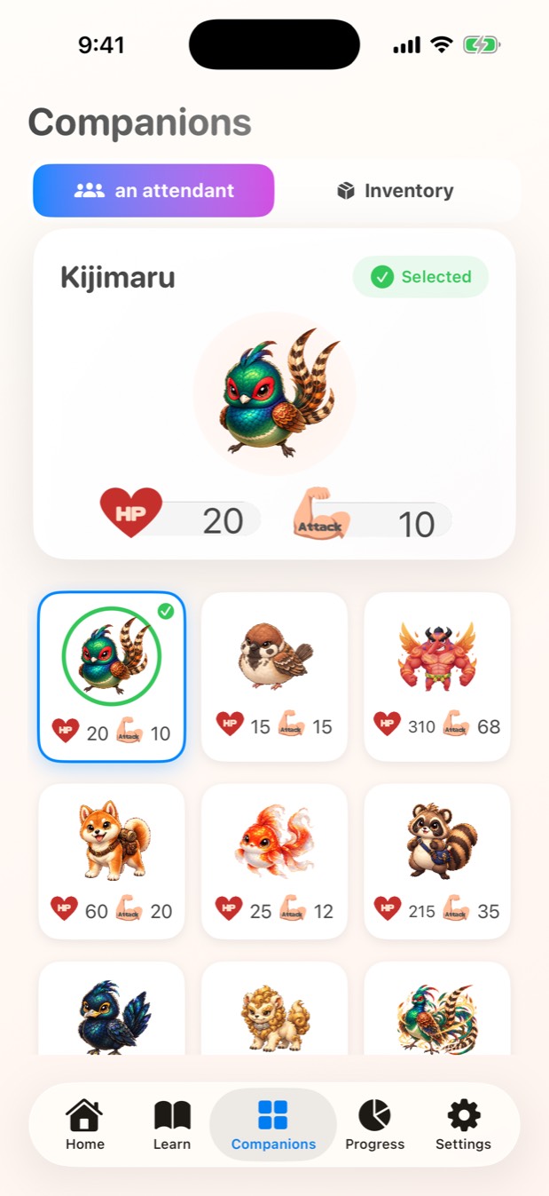 The companion list, showing the HP and attack of the one you have equipped.