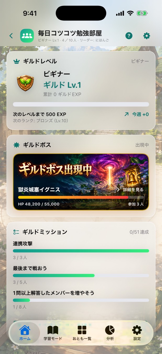ギルドの画面。ギルドボスの残りHPとメンバーの貢献度が表示されている。