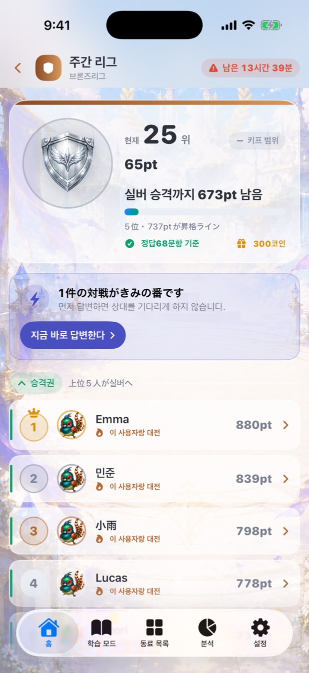 주간 리그 화면. 이번 주 순위와 참가자들의 점수가 나열됩니다.