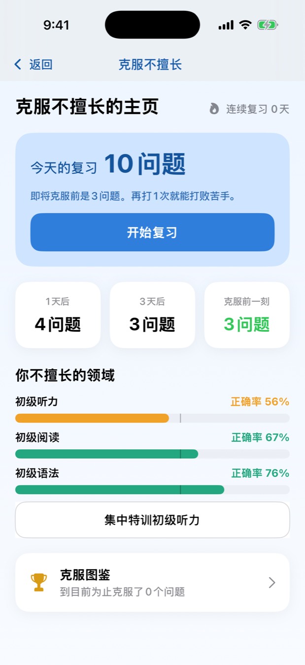 复习画面，显示待复习的题数和距离攻克的阶段。