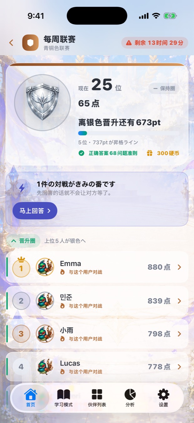 每周联赛画面，显示本周排名和参赛者的分数。